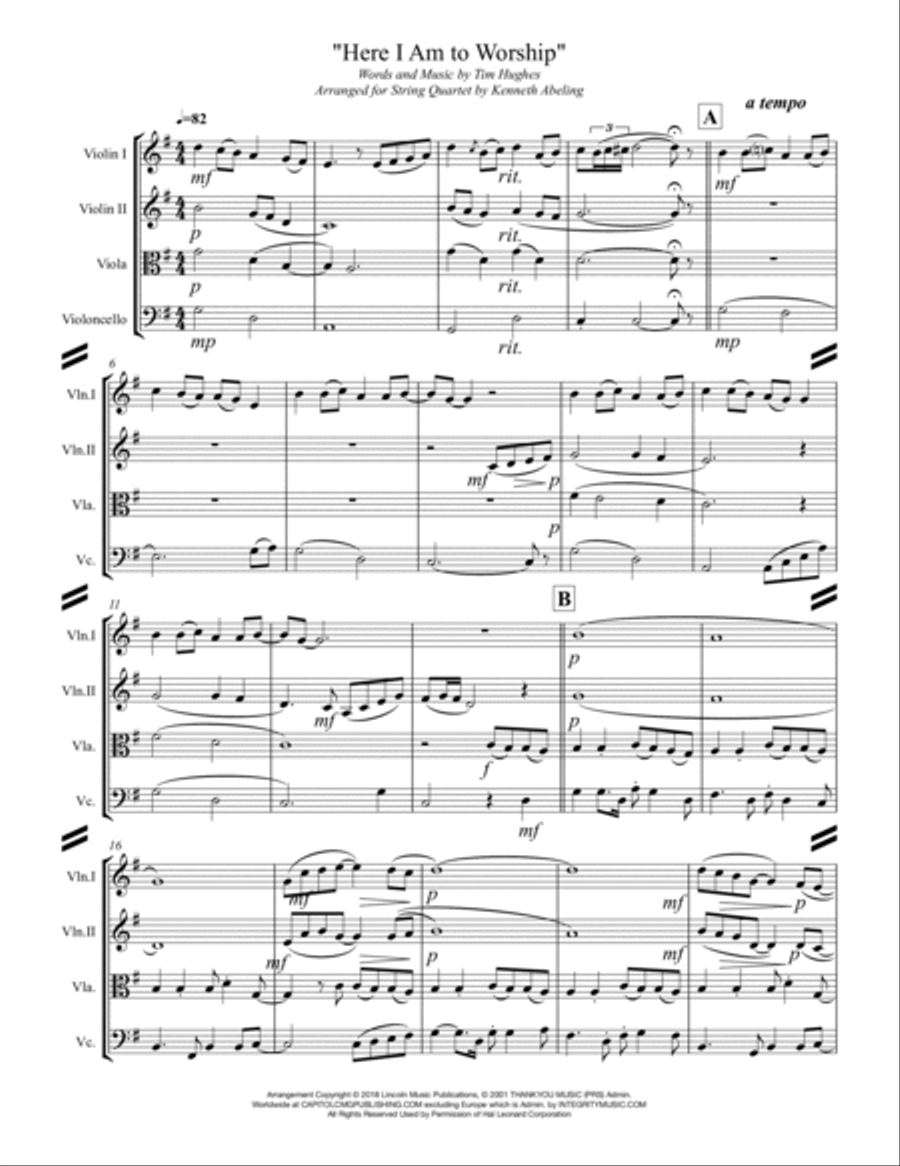 Here I Am To Worship String Quartet scores gallery preview page 2