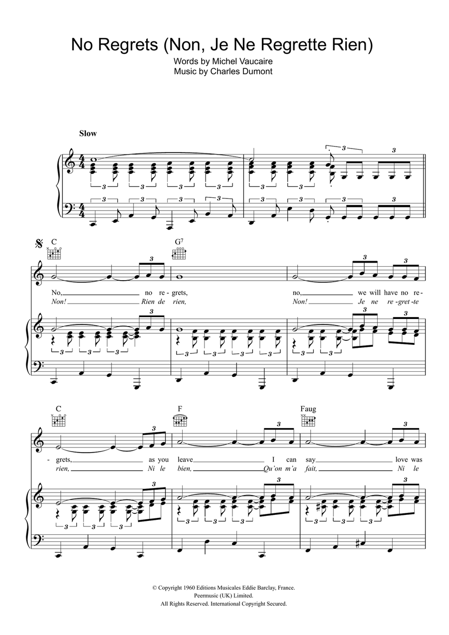 No Regrets (Non, Je Ne Regrette Rien) Piano, Vocal, Guitar scores gallery preview page 1