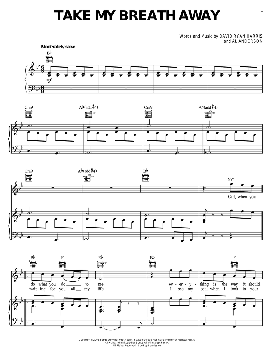 Take My Breath Away Take My Breath Away Piano, Vocal, Guitar scores gallery preview page 1