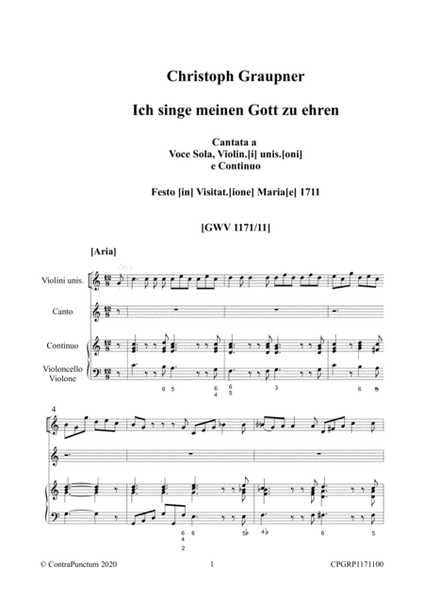 Graupner Christoph Cantata Ich singe meinen Gott zu Ehren GWV 1171/11 image number null