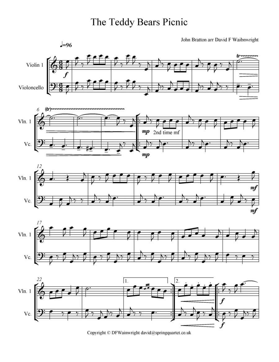 The Teddy Bears Picnic for Violin and Violoncello String Duet scores gallery preview page 1