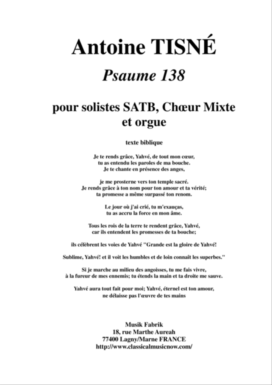 Antoine Tisné : Psaume 138 for SATB soloists, SATB mixed chorus and organ 4-Part scores gallery preview page 1