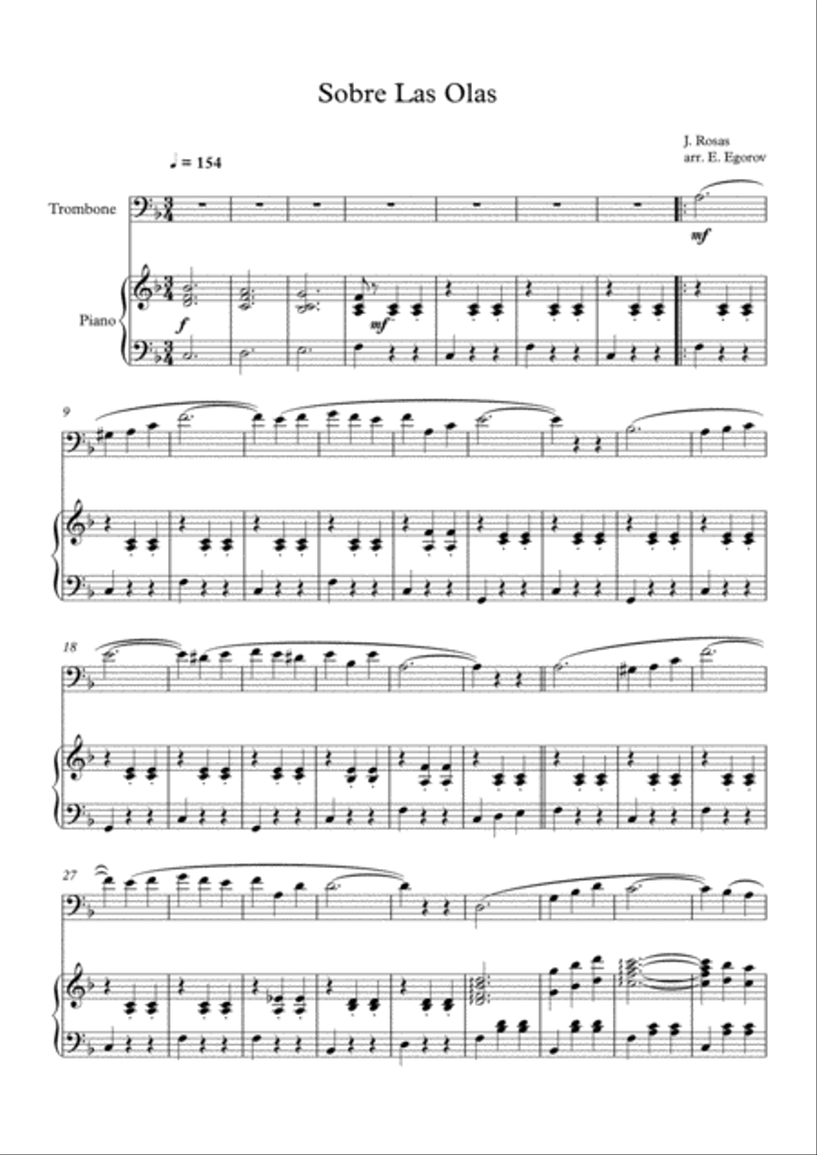 Sobre Las Olas (Over The Waves), Juventino Rosas, For Trombone & Piano Piano Accompaniment scores gallery preview page 1