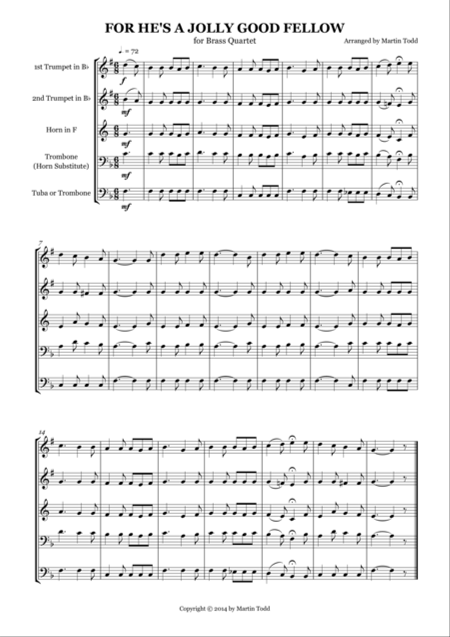 For He's a Jolly Good Fellow for Brass Quartet Brass Quartet scores gallery preview page 1