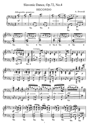 Dvorak Slavonic Dance, Op.72, No.4, for piano duet, PD894