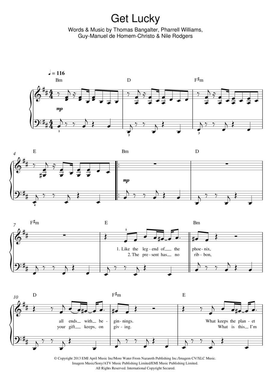 Get Lucky (featuring Pharrell Williams) Easy Piano scores gallery preview page 1