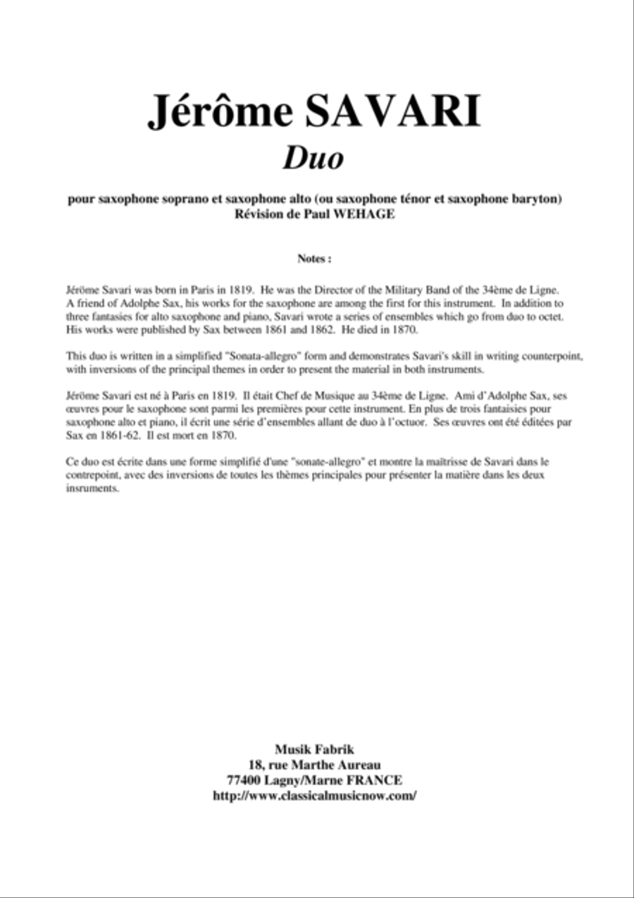 Jérôme SAVARI Duo for soprano saxophone and alto saxophone (or tenor saxophone and baritone saxophon Woodwind Duet scores gallery preview page 1