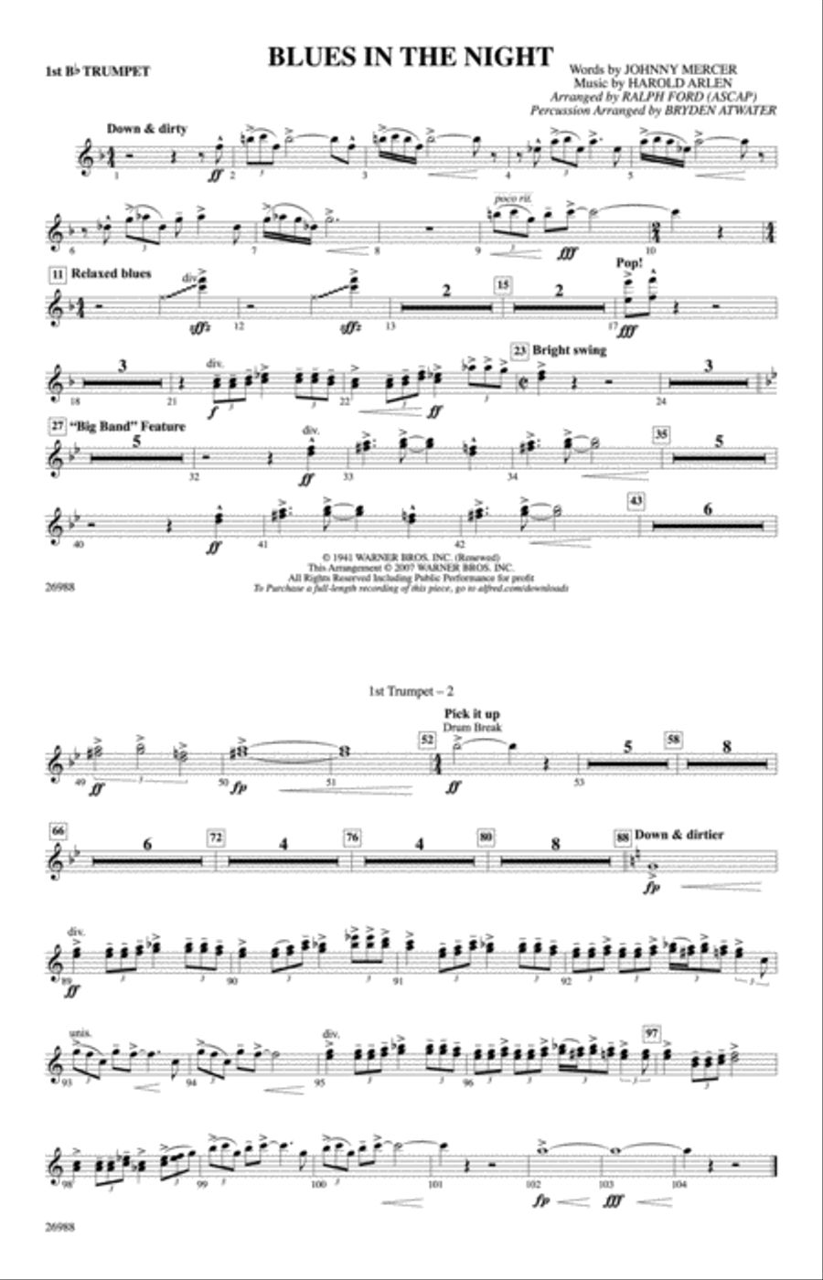 Blues in the Night: 1st B-flat Trumpet Marching Band scores gallery preview page 1