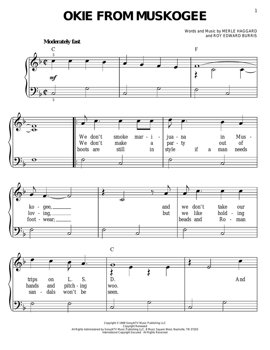 Okie From Muskogee Okie From Muskogee Easy Piano scores gallery preview page 1