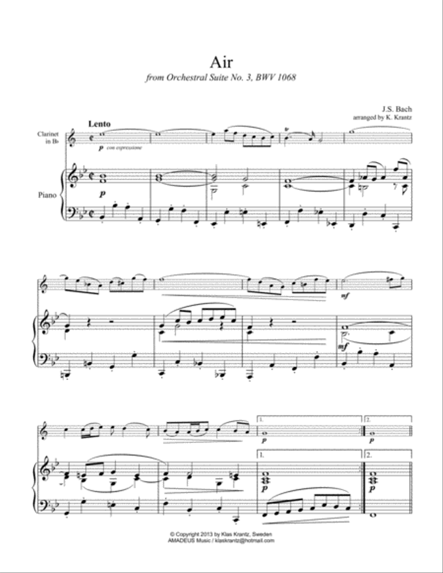 Air (on the G string) BWV 1068 for clarinet in Bb and piano B-Flat Clarinet scores gallery preview page 2