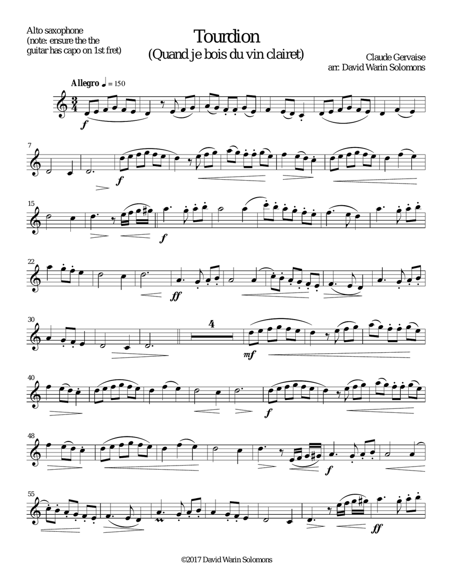Tourdion (Quand je bois du vin clairet) for alto saxophone and guitar (capo on fret 1) Alto Saxophone scores gallery preview page 3