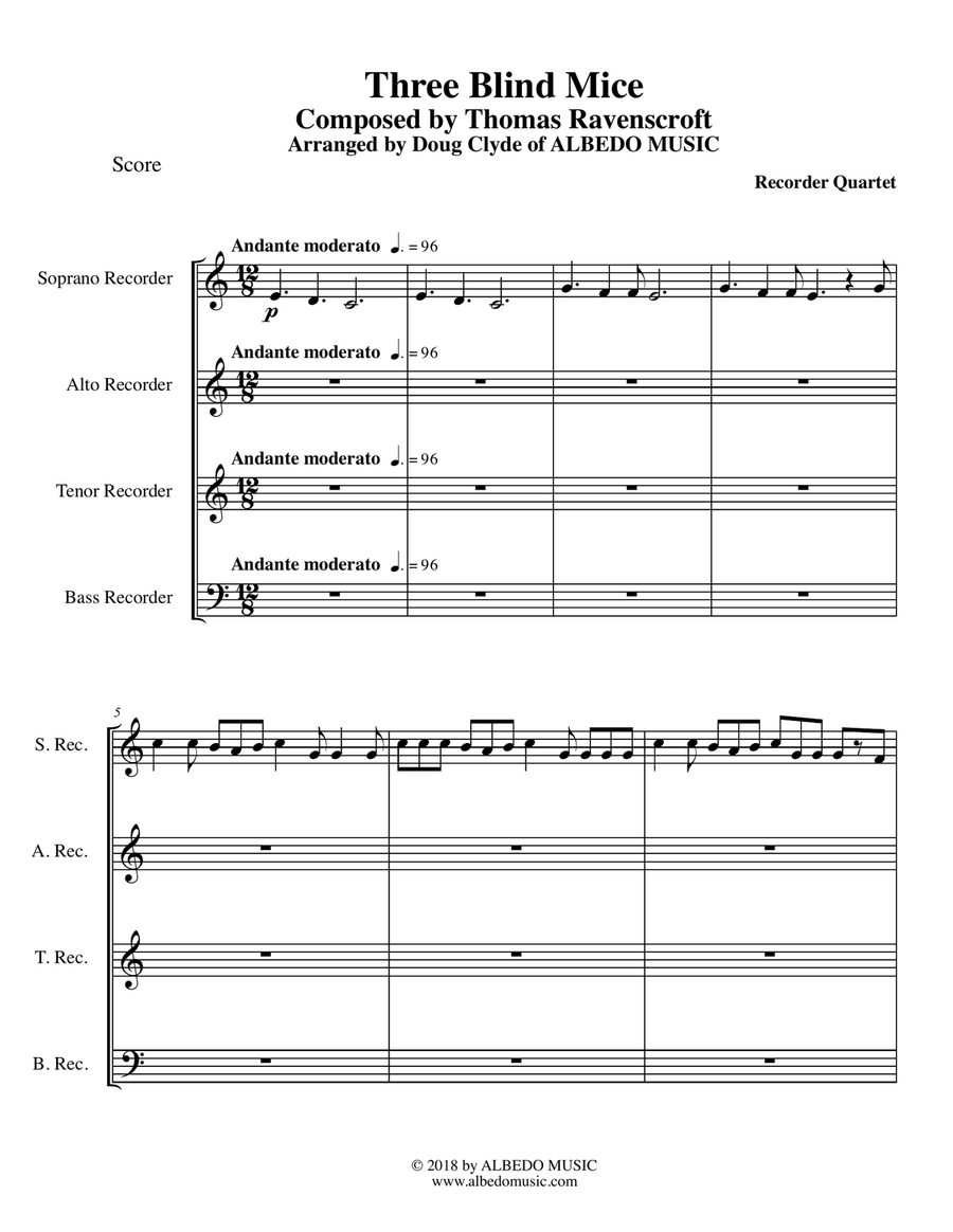 Three Blind Mice for Recorder Quartet Small Ensemble scores gallery preview page 1