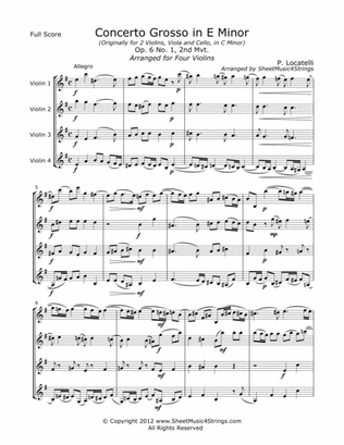 Book cover for Locatelli, P. - Concerto Grosso (Mvt. 2) for Four Violins