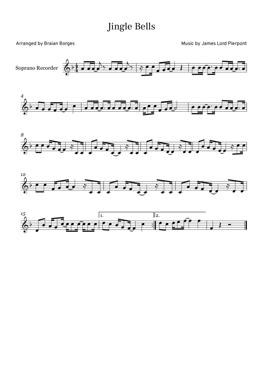 Jingle Bells in F major, For Soprano Recorder Soprano Recorder scores gallery preview page 1