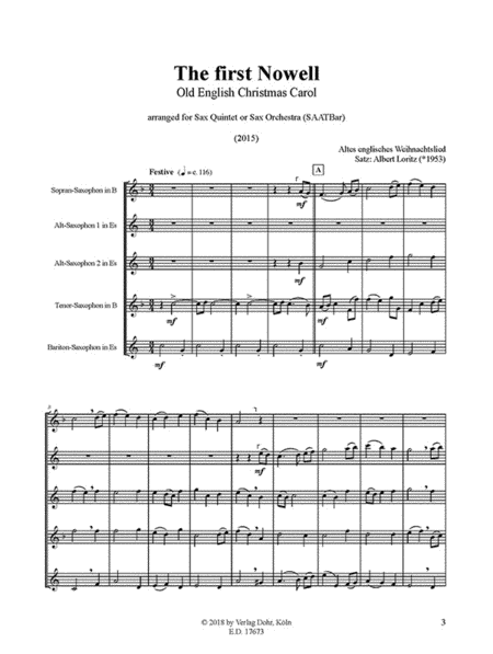 The first Nowell -Old English Christmas Carol- (für Saxophonquintett/Saxophonorchester)