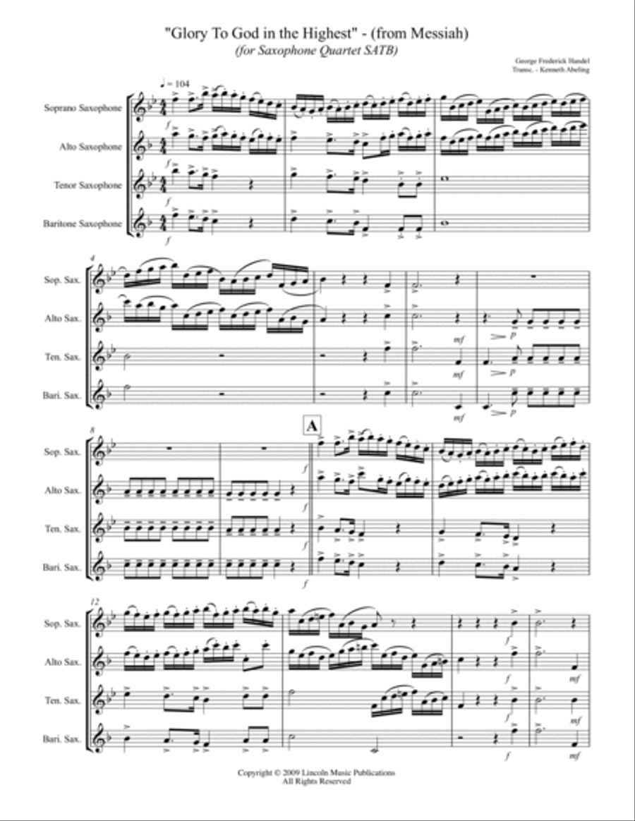Handel – Glory to God in the Highest from Messiah (for Saxophone Quartet SATB) Saxophone Quartet scores gallery preview page 2
