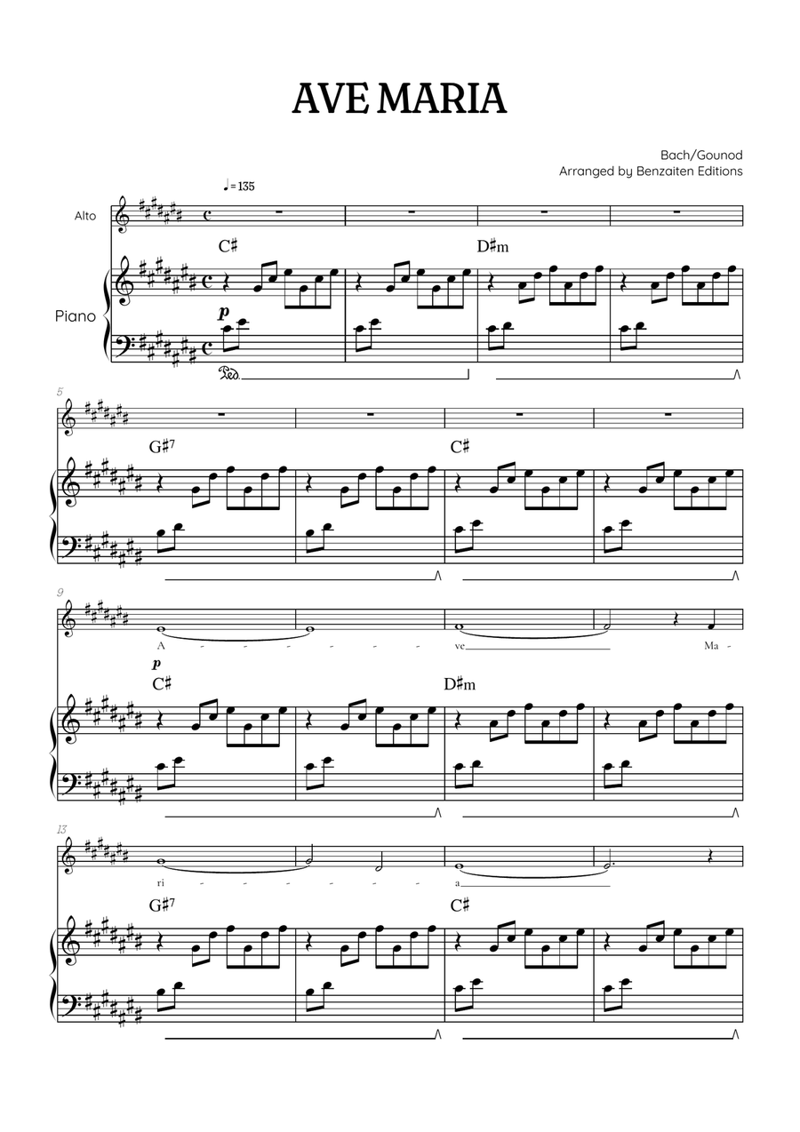 Bach / Gounod Ave Maria in C sharp [C#] • contralto sheet music with piano accompaniment and chords Alto Voice scores gallery preview page 1