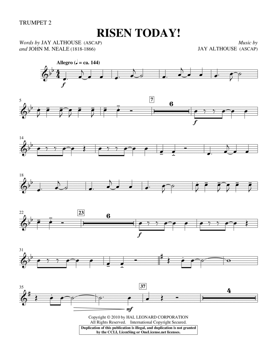 Risen Today! - Trumpet 2 in Bb Choir scores gallery preview page 1