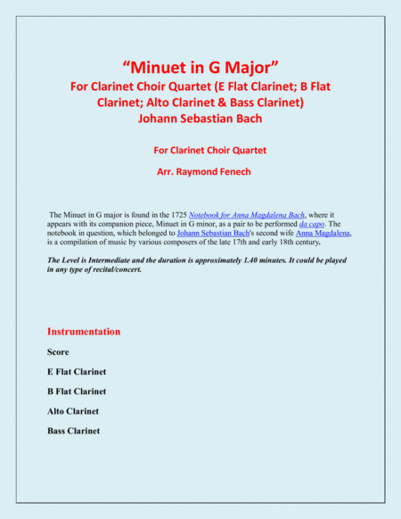 Minuet in G Major - J.S.Bach - Clarinet Choir Quartet image number null