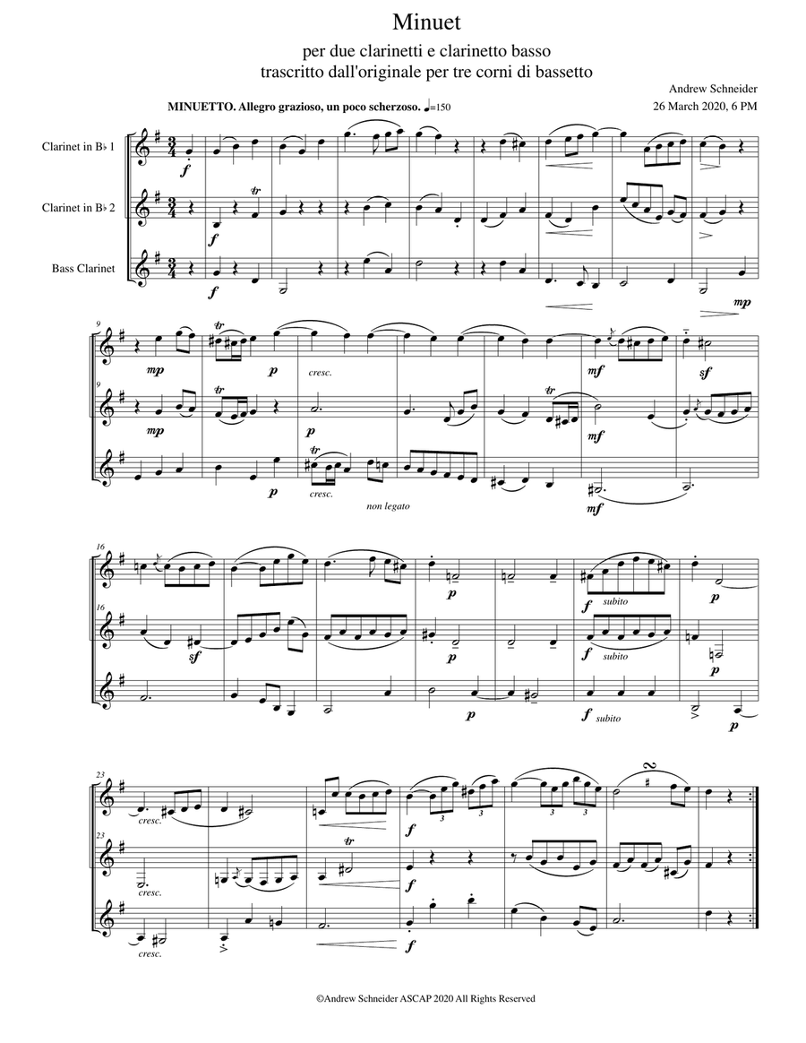 Minuet for Clarinet Trio (2 B-flat and bass clarinet), arranged from the original for three basset h Clarinet Trio scores gallery preview page 1