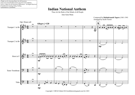 Indian National Anthem for Brass Quintet (MFAO World National Anthem Series) image number null