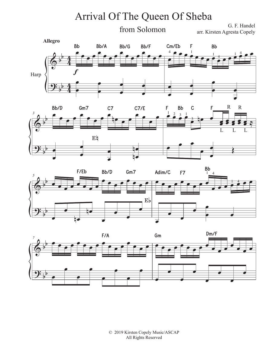 Arrival Of The Queen Of Sheba - Handel (Solo Harp Arrangement) Harp scores gallery preview page 1