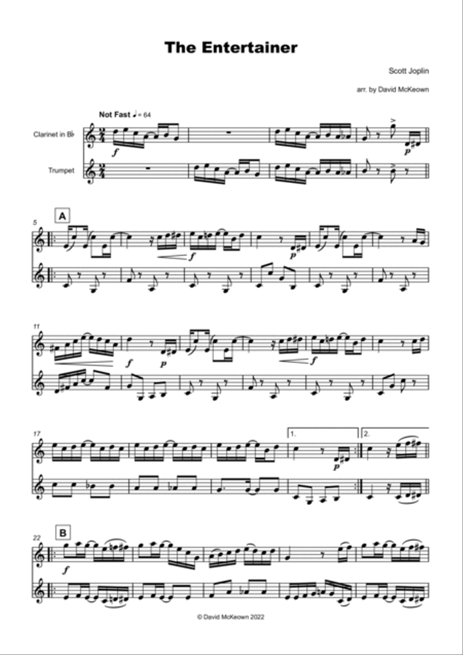 The Entertainer by Scott Joplin, Clarinet and Trumpet Duet Clarinet scores gallery preview page 2