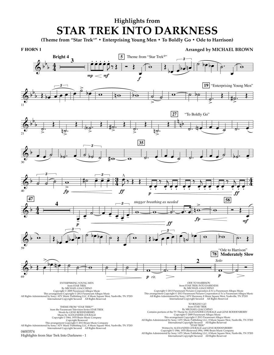 Highlights from Star Trek Into Darkness - F Horn 1 Concert Band scores gallery preview page 1