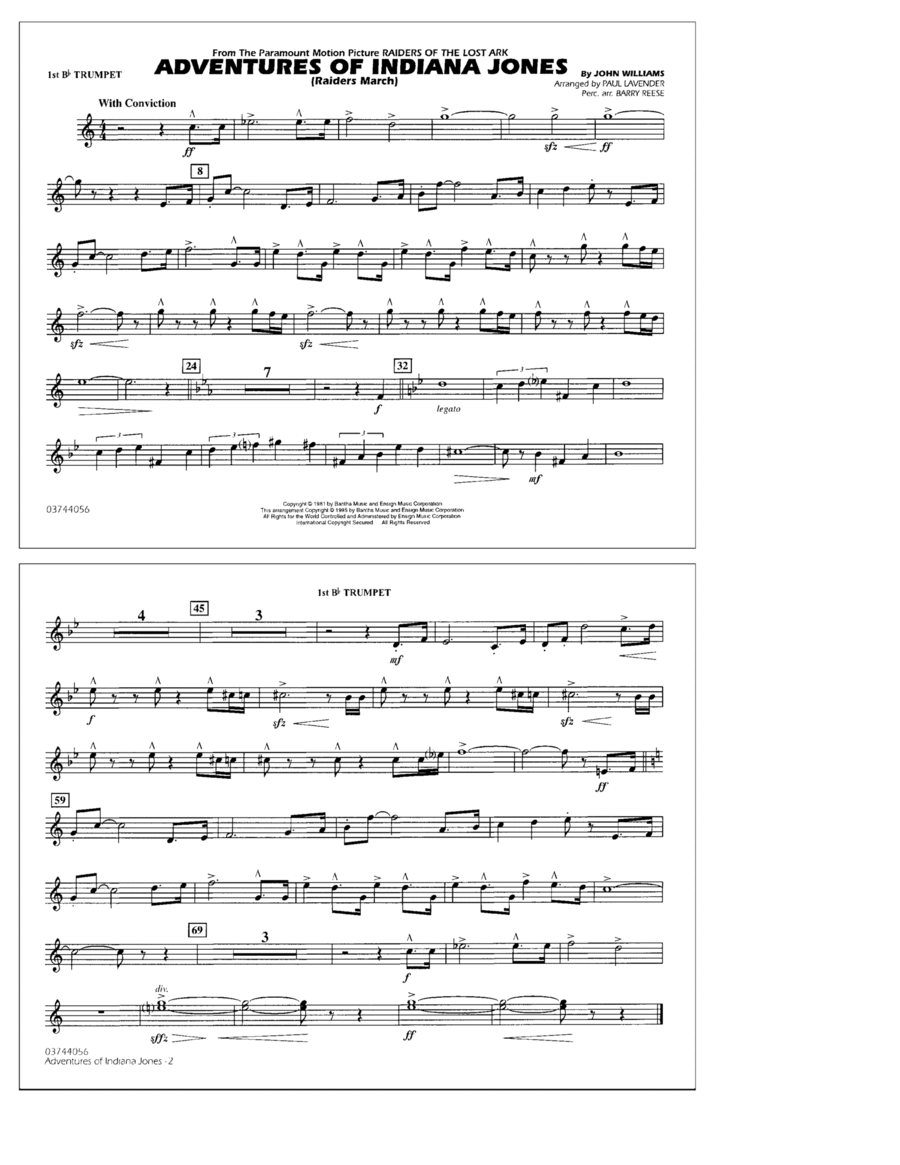 Adventures Of Indiana Jones (Raiders March) (arr. Paul Lavender) - 1st Bb Trumpet Marching Band scores gallery preview page 1