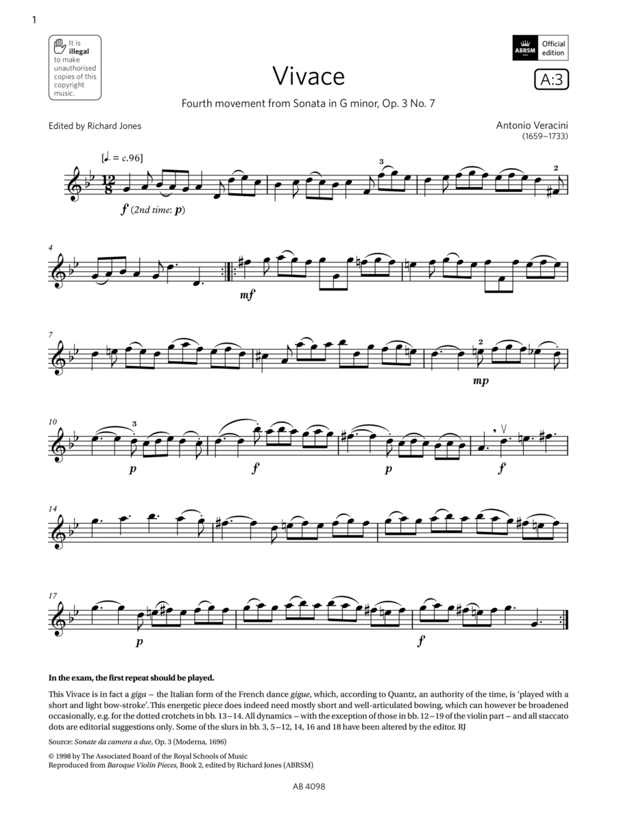 Vivace (Grade 4, A3, from the ABRSM Violin Syllabus from 2024) Violin Solo scores gallery preview page 1