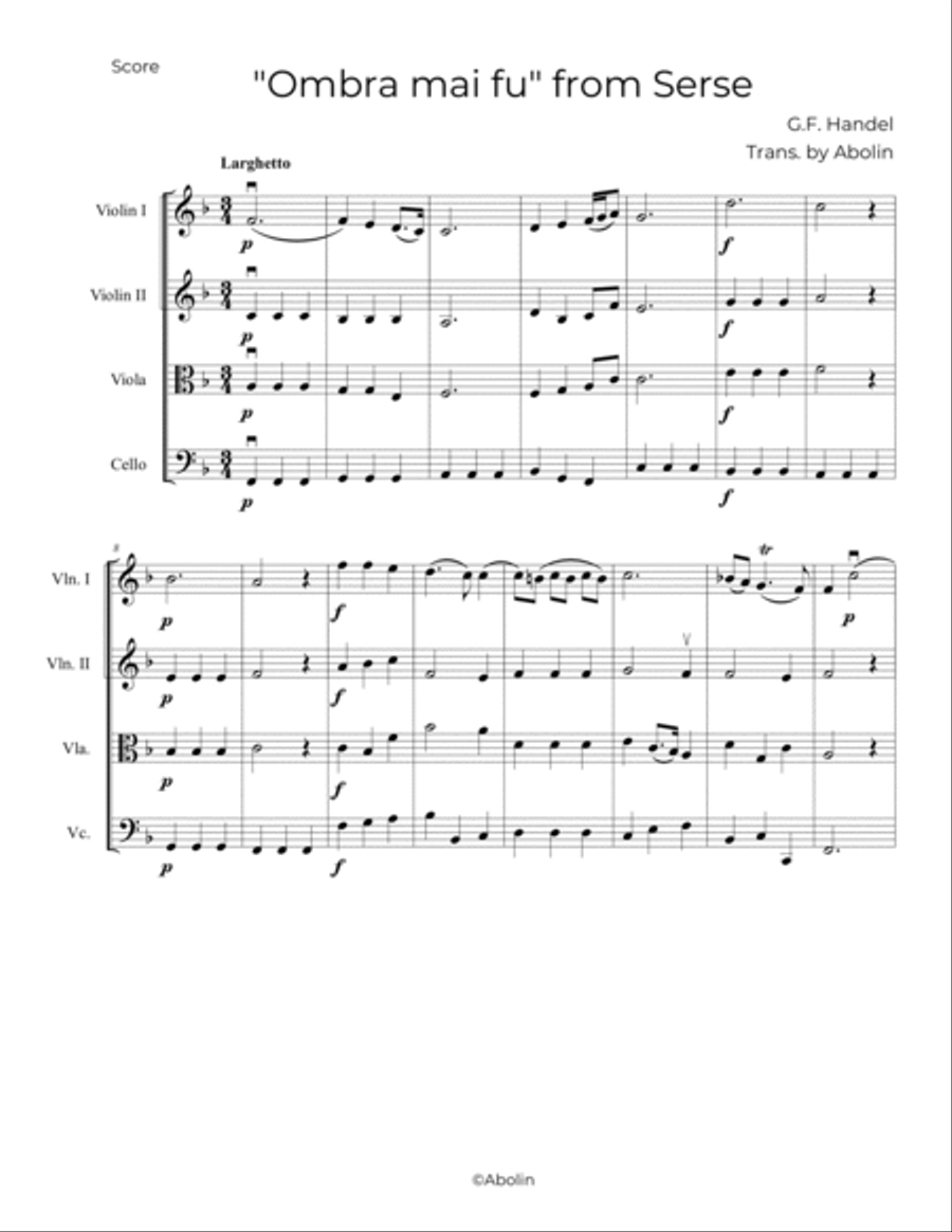 Handel: Ombra mai fu (Largo) from Serse (Xerxes) - String Quartet