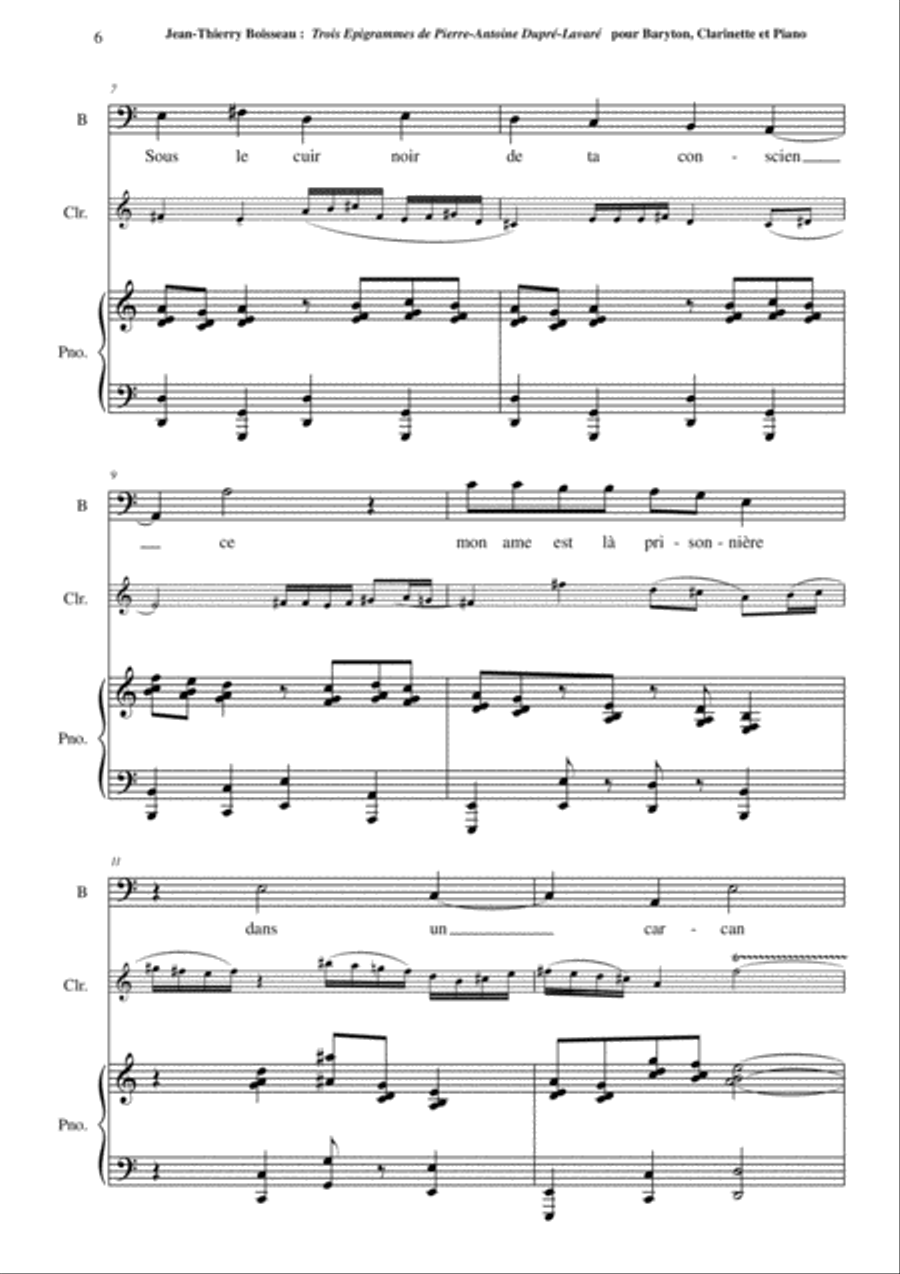 Jean-Thierry Boisseau: Trois Épigrammes de Pierre-Antoine Dupré-Lavaré for baritone, Bb clarinet and Small Ensemble scores gallery preview page 6