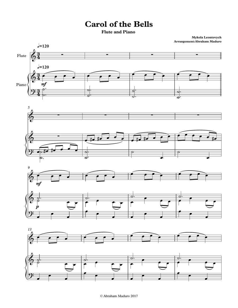 Carol Of The Bells Flute and Piano Flute Solo scores gallery preview page 1