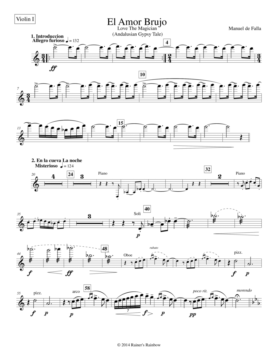 De Falla 1915 El Amor Brujo arr String Quartet, String Bass, Oboe, Clarinet & Piano Small Ensemble scores gallery preview page 1