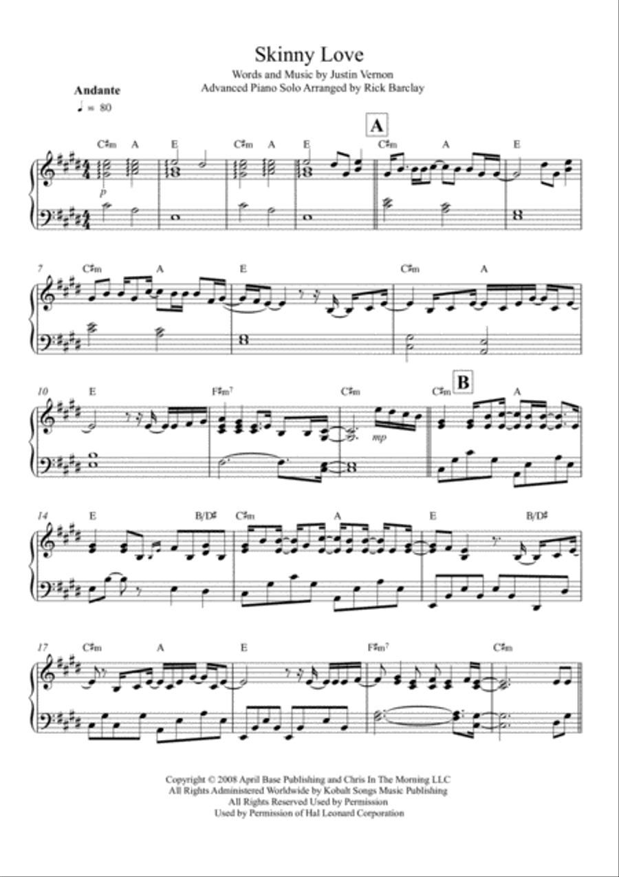 Skinny Love Piano Solo scores gallery preview page 1
