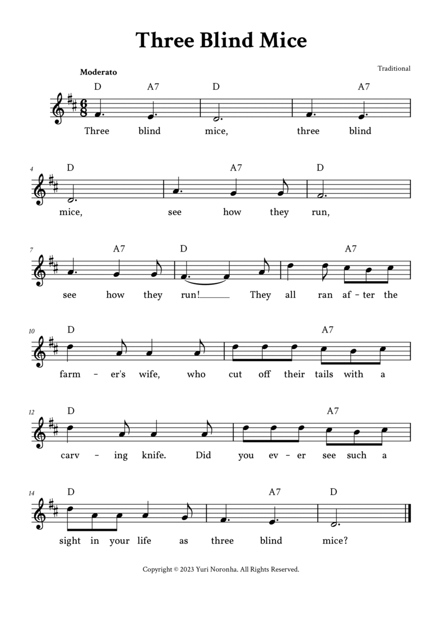 Three Blind Mice - Lead Sheet (D Major - Traditional) Easy Piano scores gallery preview page 1