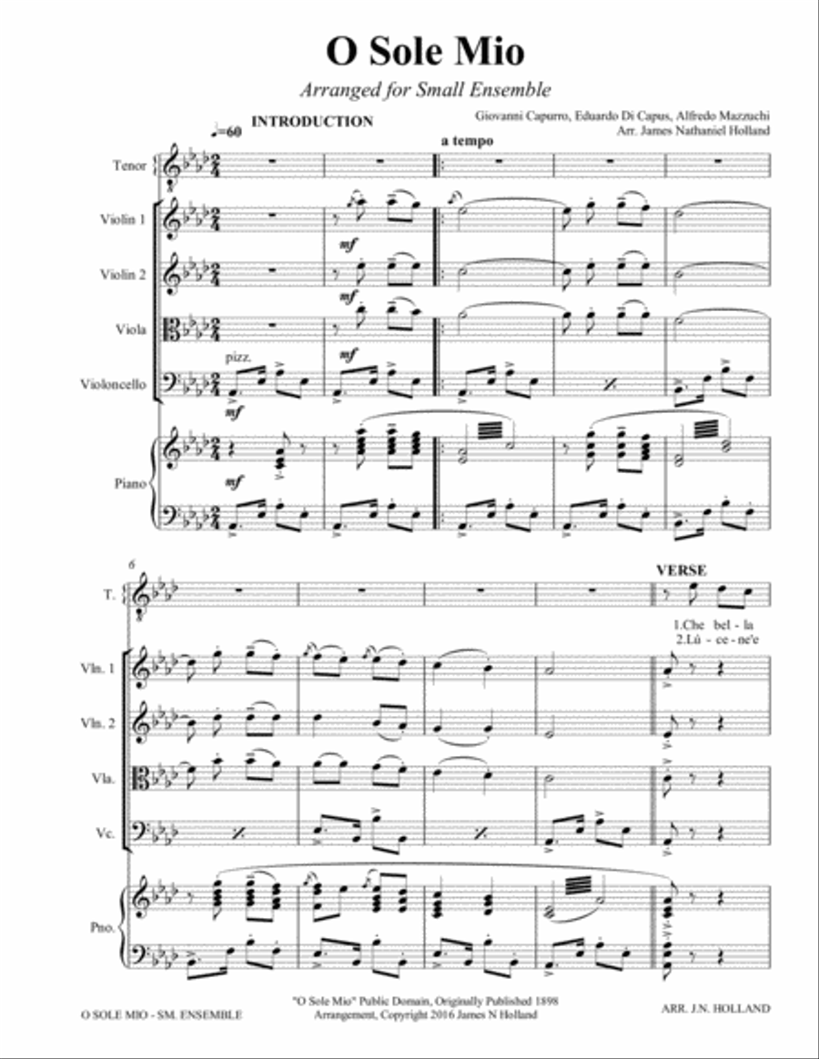 O Sole Mio Arranged for Tenor and Small Ensemble Key of Ab Small Ensemble scores gallery preview page 5