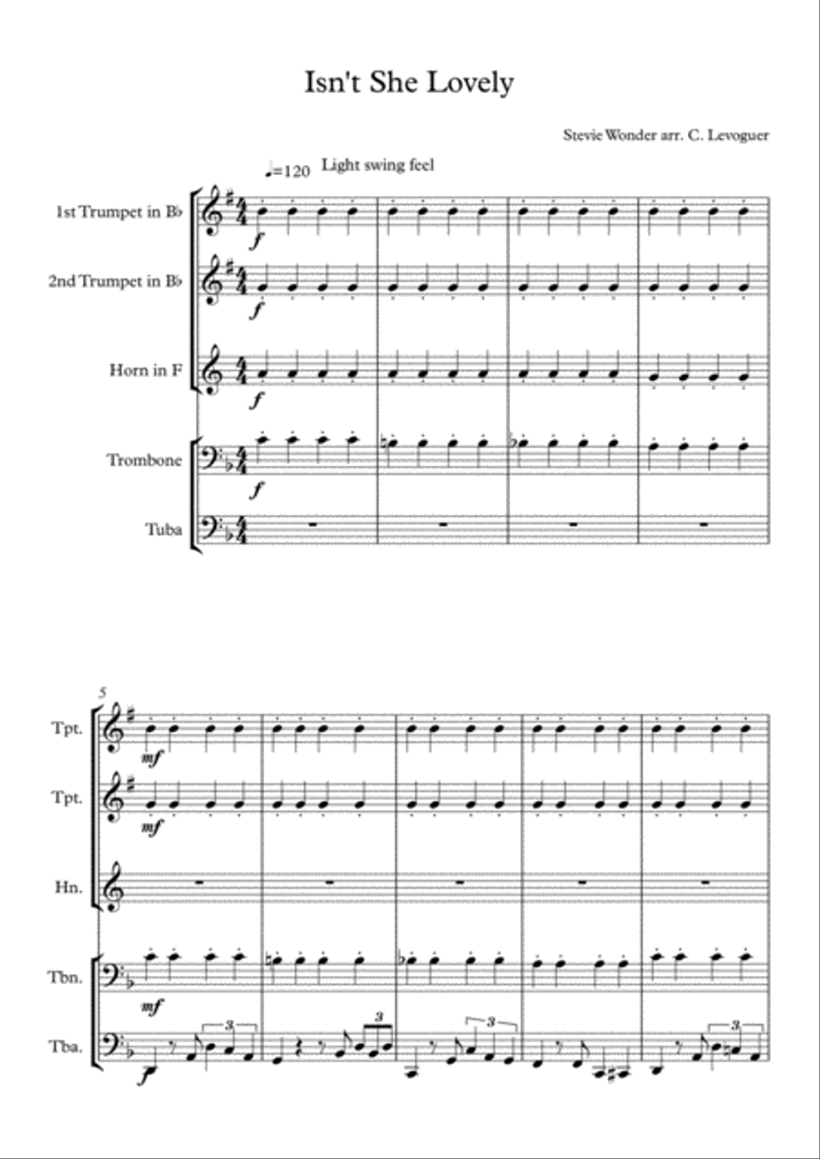 Isn't She Lovely Brass Ensemble scores gallery preview page 1
