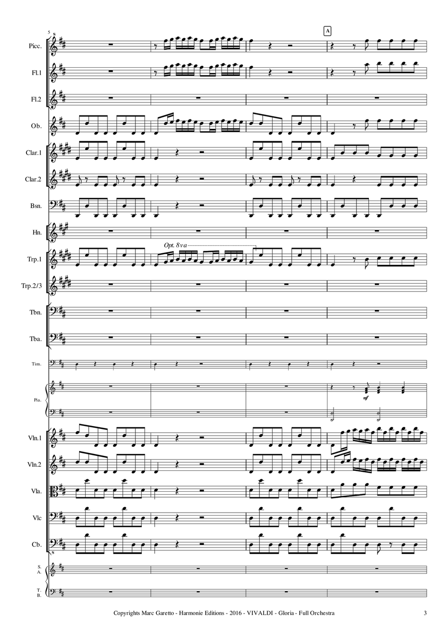 GLORIA RV 589 - Antonio VIVALDI - for Full Orchestra - Arr. Marc Garetto / Optionnal Organ and Choir 4-Part scores gallery preview page 3