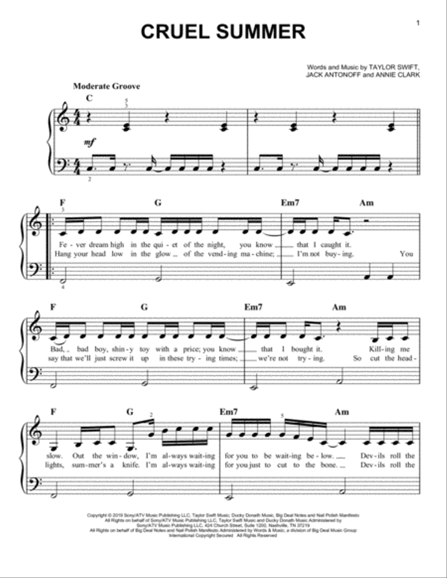 Cruel Summer Easy Piano scores gallery preview page 1