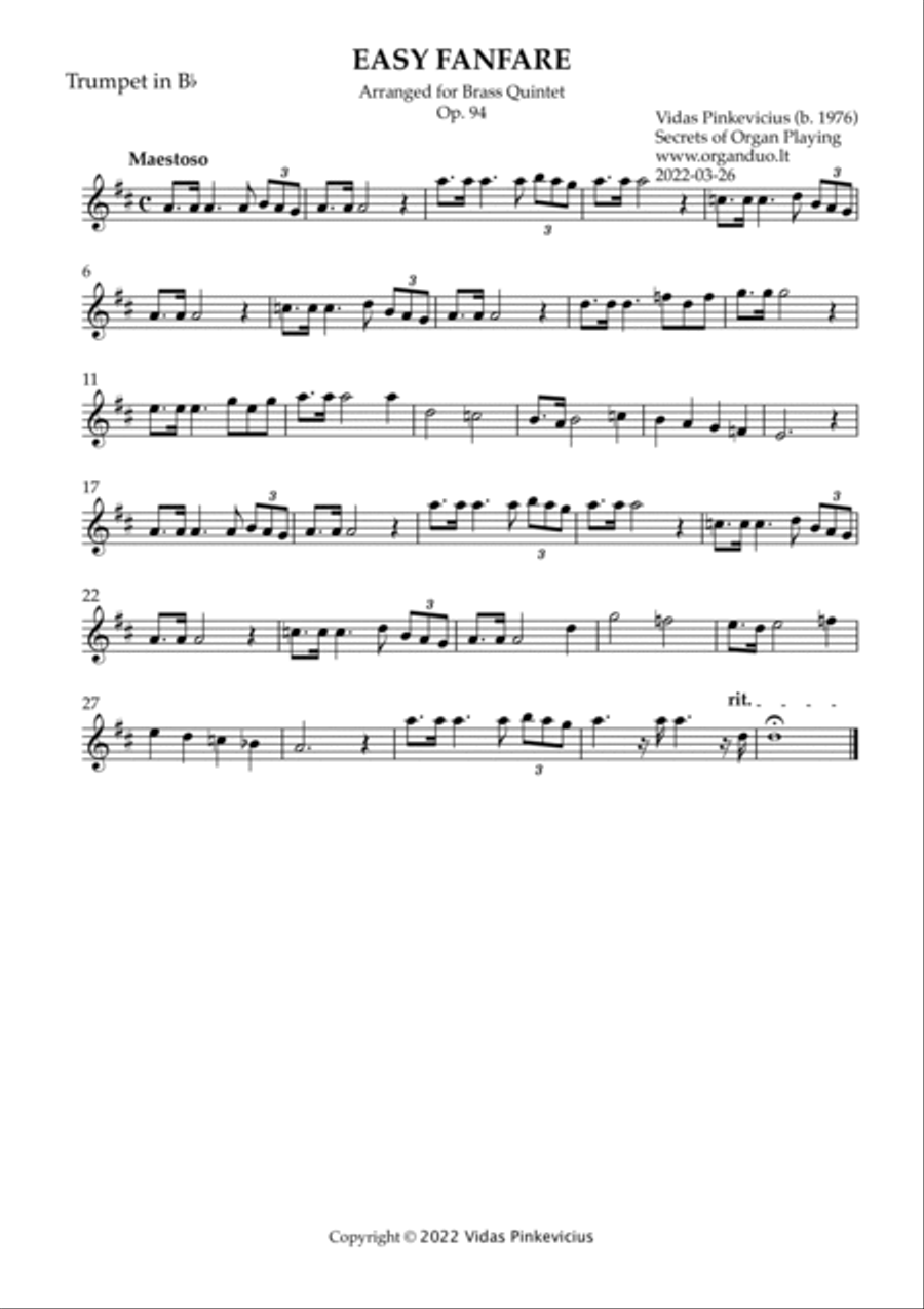 Easy Fanfare, Op. 94 (Brass Quintet) by Vidas Pinkevicius (2022) Brass Quintet scores gallery preview page 5