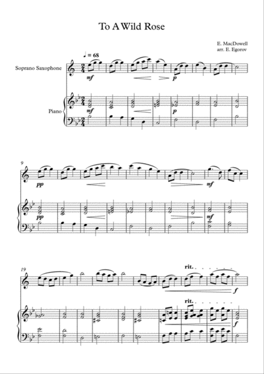 To A Wild Rose, Edward MacDowell, For Soprano Saxophone & Piano Soprano Saxophone scores gallery preview page 1