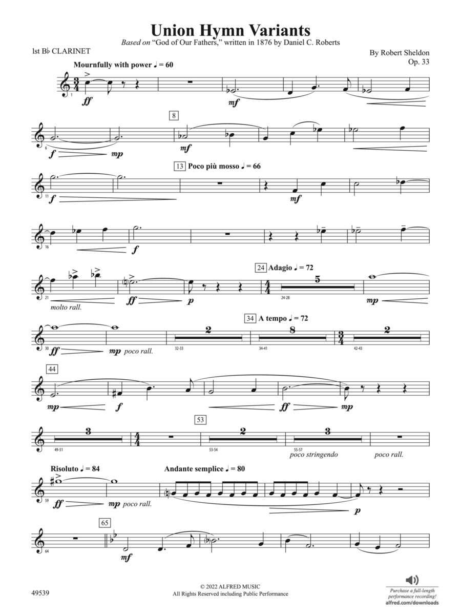 Union Hymn Variants: 1st B-flat Clarinet Concert Band scores gallery preview page 1