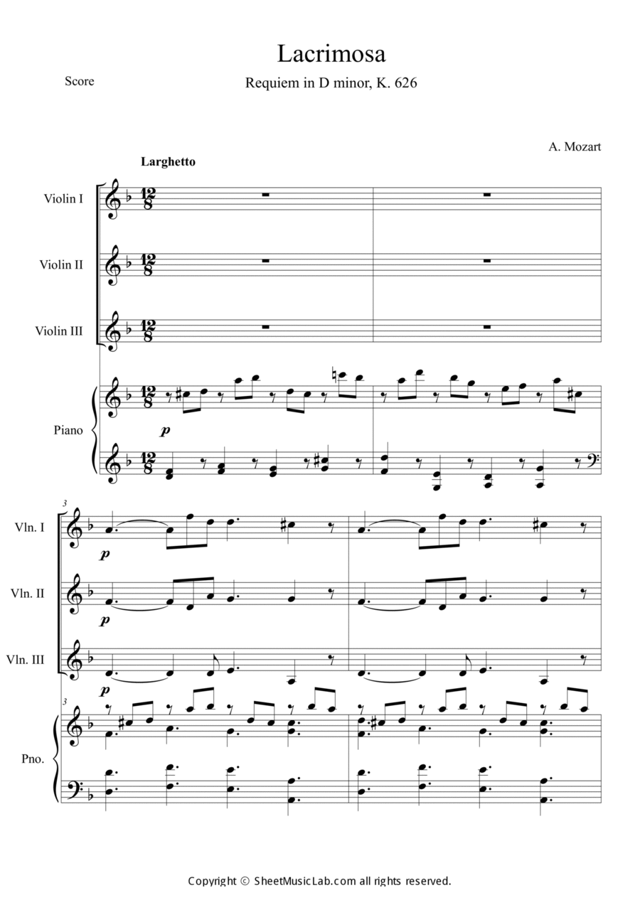 Mozart: Requiem K.626 6.Lacrimosa Piano Quartet scores gallery preview page 1