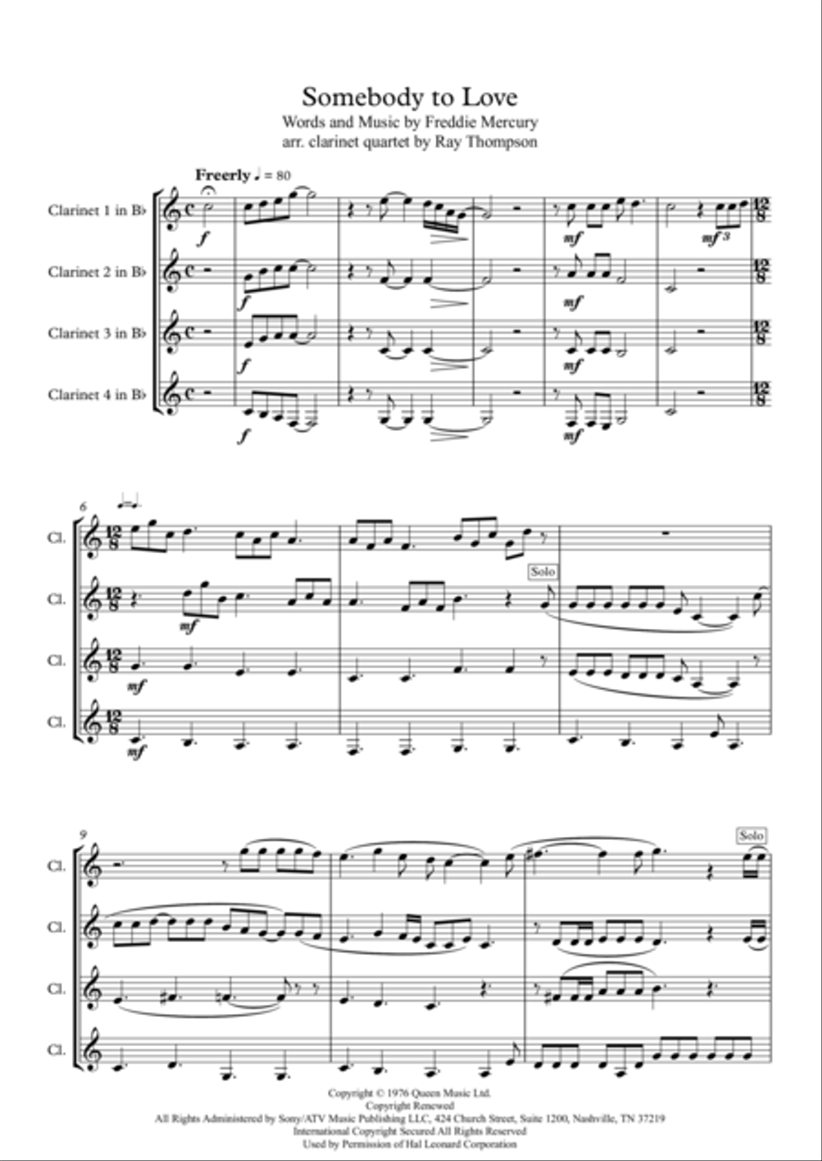 Somebody To Love Clarinet Quartet scores gallery preview page 1