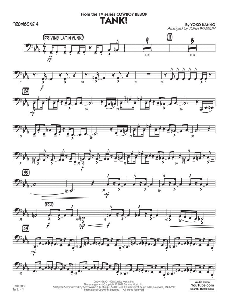 Tank! (from Cowboy Bebop) (arr. John Wasson) - Trombone 4 Jazz Ensemble scores gallery preview page 1