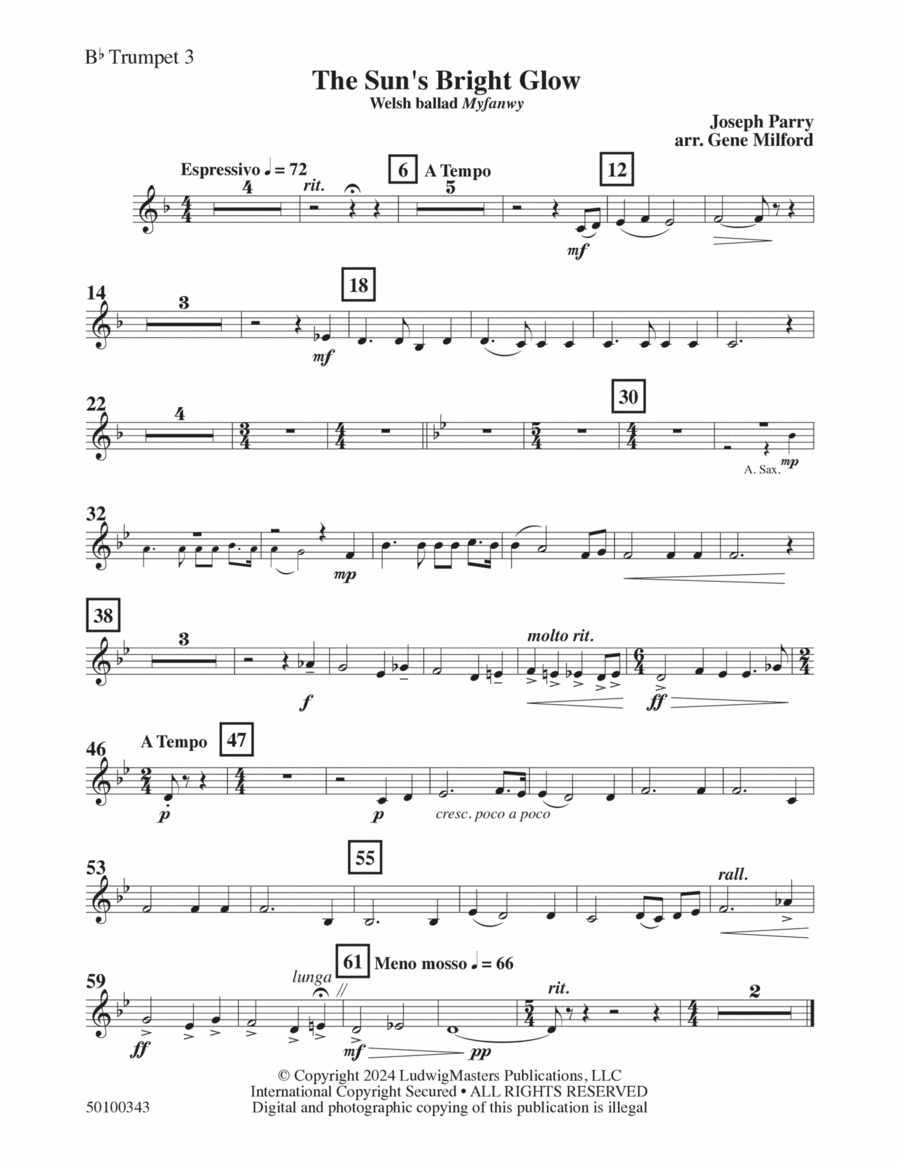 The Sun's Bright Glow (arr. Gene Milford) - Trumpet 3 Concert Band scores gallery preview page 1