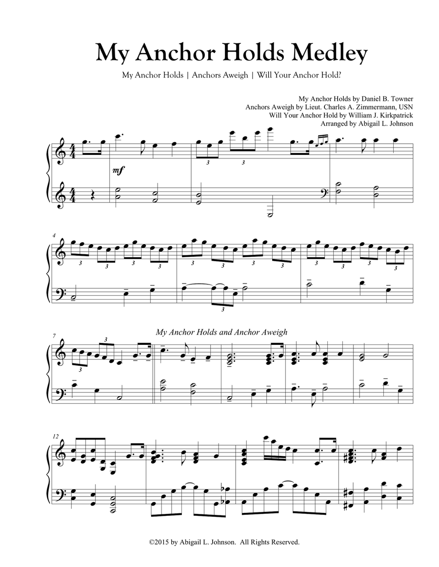My Anchor Holds Medley (My Anchor Holds, Anchors Aweigh, and We Have An Anchor) Piano Solo scores gallery preview page 1