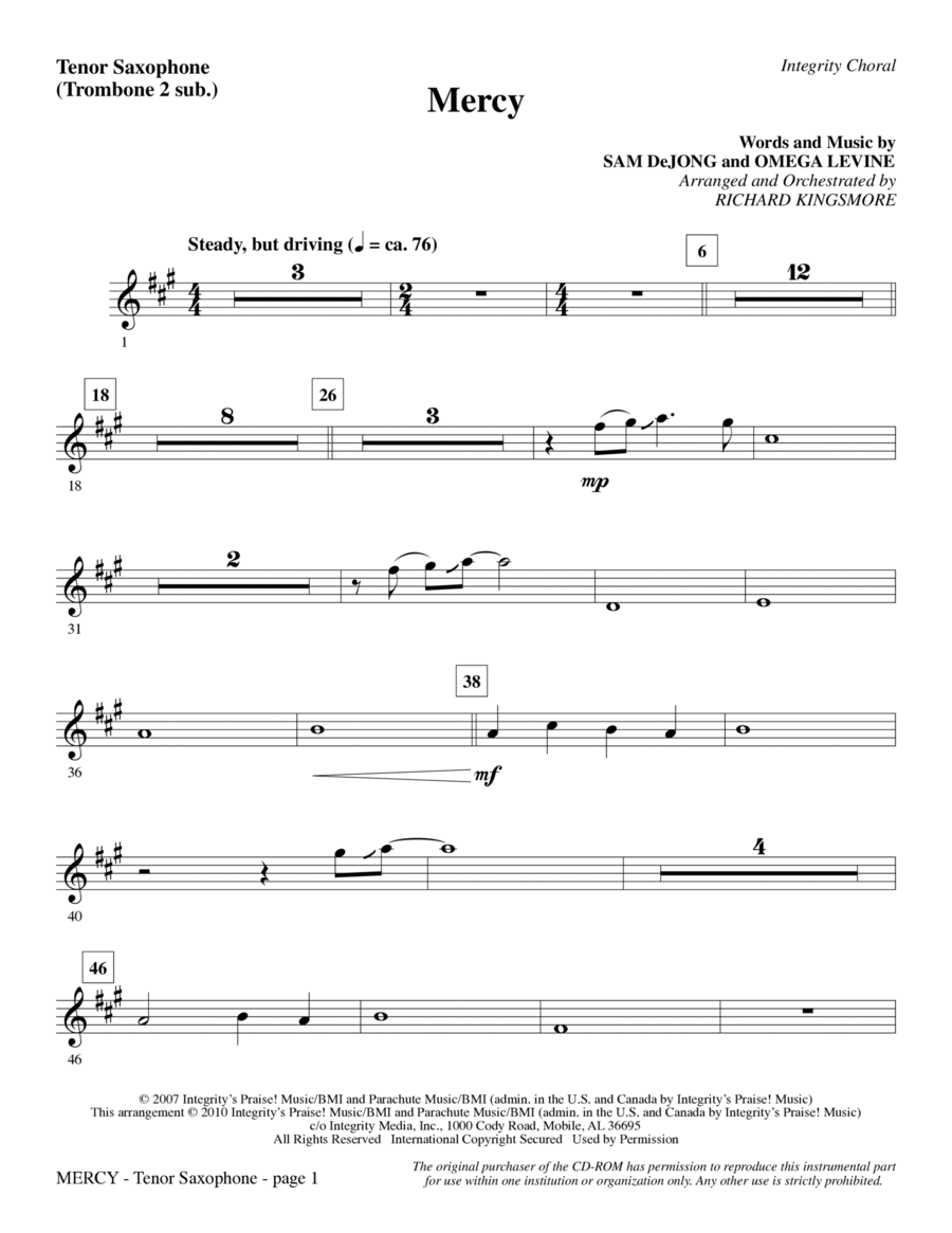 Mercy - Tenor Sax (sub. Tbn 2) Choir scores gallery preview page 1
