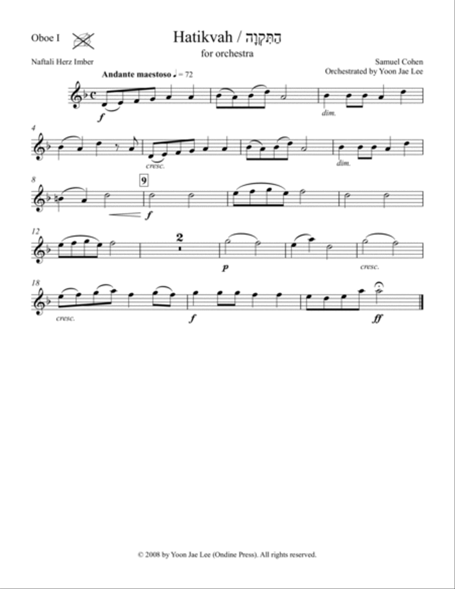 Hatikvah (Israeli National Anthem) for Orchestra (arr. Lee), Set of Parts Full Orchestra scores gallery preview page 3